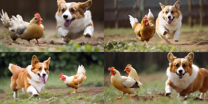 /imagine a corgi dog chasing a chicken, Close-Up